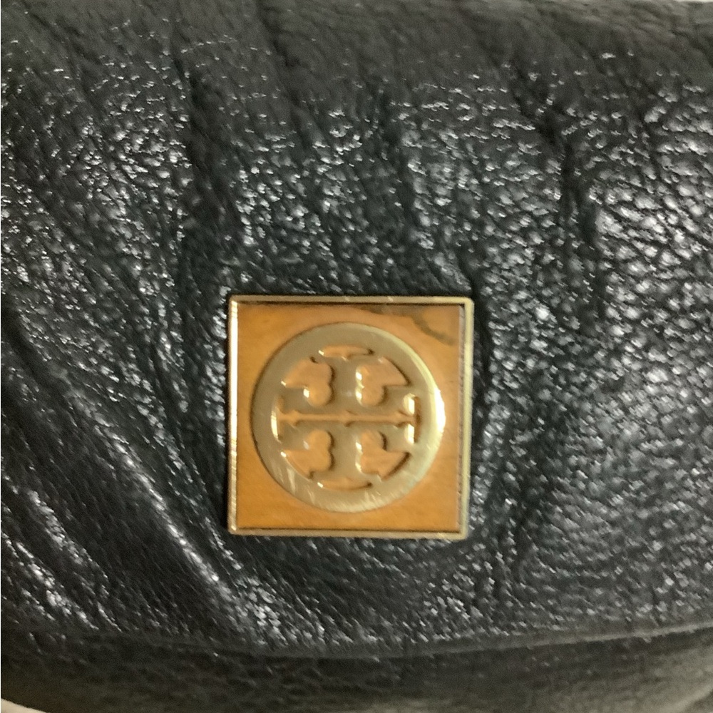 Tory Burch Black Leather Fold-Over Shoulder Bag with Gold Accent - Picture 2 of 5